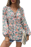 Women's Casual Boho Floral Print V Neck Long Sleeve Top