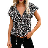 Women's Casual Boho Floral Printed V Neck Tops Drawstring Blouse
