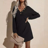 Women's Casual Dresses V-Neck Buttoned Hip Knitted Dresses