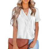 Women's Casual Lace Pom Pom V Neck Chiffon Short Sleeve Top