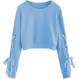 Women's Casual Lace-Up Long-Sleeved Pullover Crop Top Sweatshirt