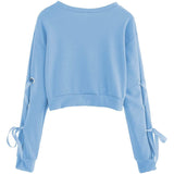 Women's Casual Lace-Up Long-Sleeved Pullover Crop Top Sweatshirt