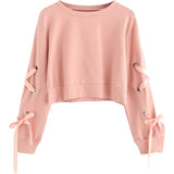 Women's Casual Lace-Up Long-Sleeved Pullover Crop Top Sweatshirt