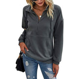 Women's Casual Long Sleeve Lapel Zipper Drawstring Loose Pullover Tops