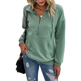 Women's Casual Long Sleeve Lapel Zipper Drawstring Loose Pullover Tops