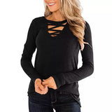 Women's Casual Long Sleeve T-Shirt Criss Cross V-Neck Basic Tees Tops
