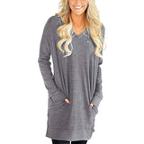 Womens Casual Long Sleeves Solid V-Neck Tunics Shirt Tops with Pockets