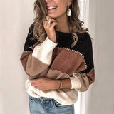 Women's Crewneck Patchwork Pullover Knit Sweater Top