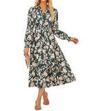 Women's Floral Dress for Women 2025 Fall Midi Dress Casual Long Sleeve V Neck A Line Flowy Shirt Dresses with Pocket