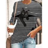 Women's Halloween Tunic T shirt Striped Cat 3D Cartoon Long Sleeve Print Round Neck