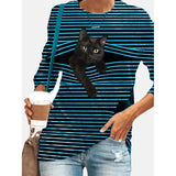 Women's Halloween Tunic T shirt Striped Cat 3D Cartoon Long Sleeve Print Round Neck
