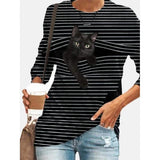 Women's Halloween Tunic T shirt Striped Cat 3D Cartoon Long Sleeve Print Round Neck