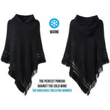 Womens Hooded Cape with Fringed Hem, Crochet Poncho Knitting Patterns