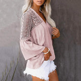 Women's Lace Crochet V Neck 3/4 Sleeve Button Down Blouses Casual Shirts Tops