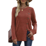 Women's Long Sleeve Crew Neck Tunic Tops Buttons Side