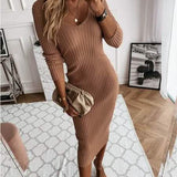 Women's Long Sleeve Dress V-neck Casual Dresses Soid Color Stripe Bodycon Dress Plus Size Long Dress