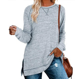 Women's Long Sleeve Loose Casual Autumn Pullover Side Slit Tunic Top