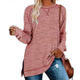 Women's Long Sleeve Loose Casual Autumn Pullover Side Slit Tunic Top