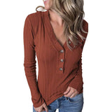 Women's Long Sleeve V Neck Ribbed Button Knit Sweater