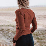 Women's Long Sleeve V Neck Ribbed Button Knit Sweater