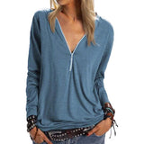 Women's Long Sleeve Zipper Quarter Zip V Neck Casual Top