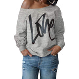Womens Love Letter Printed Off Shoulder Pullover Sweatshirt Slouchy Tops Shirts