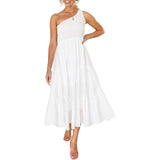 Womens One Shoulder Sleeveless Smocked Ruffle Tiered Beach Long Midi Dress