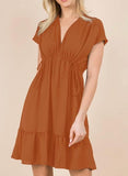 Women's Orange V Neck Ruffle Mini Dress Short Sleeve Drawstring A Line Flowy Skirt Medium Size