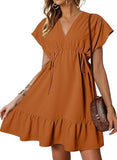 Women's Orange V Neck Ruffle Mini Dress Short Sleeve Drawstring A Line Flowy Skirt Medium Size