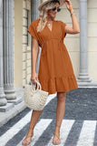 Women's Orange V Neck Ruffle Mini Dress Short Sleeve Drawstring A Line Flowy Skirt Medium Size