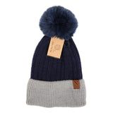 Women's Pom Pom Two-Tone Knit Winter Hat