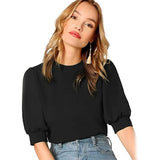 Women's Puff Sleeve Pullover Keyhole Back Blouse
