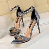 Women's Pumps; Sexy high-heeled shoes; formal women's shoes for banquet party; thin heel high-heeled shoes; satin open toe rhinestone one word sandals