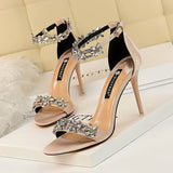 Women's Pumps; Sexy high-heeled shoes; formal women's shoes for banquet party; thin heel high-heeled shoes; satin open toe rhinestone one word sandals