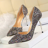 Women's Pumps; sexy women's high-heeled shoes; thin heel pointed leather shoes; hollow sides; sequins decoration