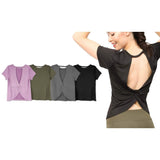 Women's Short Sleeve Criss Cross Open Back Solid T-Shirt Blouse