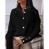 Women's Solid Colored Long Sleeve Button Standing Collar Basic Tops