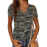 Women's Summer Camo V Neck Short Sleeve Tee Shirts Casual Loose Blouse Tops