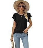 Women's summer top with covered sleeves, fashionable floral print, casual V-neck T-shirt, petal sleeve shirt