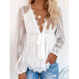Women's Tunic Blouse Eyelet Top V Neck Tops