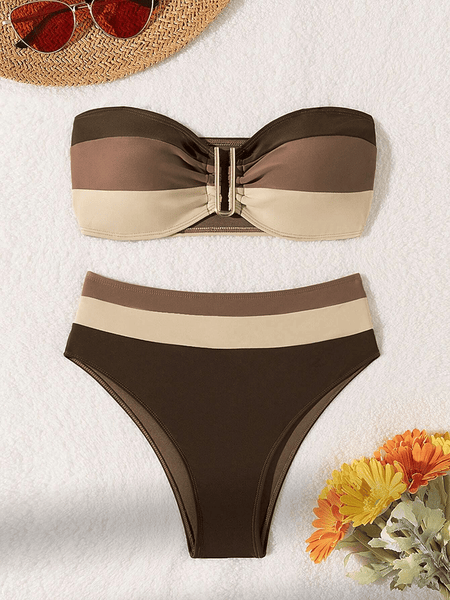 Women's two-piece coffee colored bikini swimsuit strapless fashion quick drying