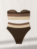 Women's two-piece coffee colored bikini swimsuit strapless fashion quick drying