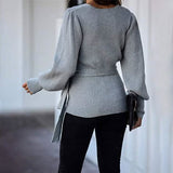 Women’s V Neck Balloon Sleeve Ribbed Wrap Chunky Knit Tunic Top