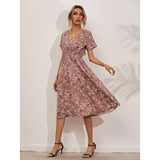 Women's V Neck Casual Boho Loose Midi Dress