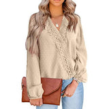 Women's V Neck Chiffon Lace Pom Pom Long Sleeve Top