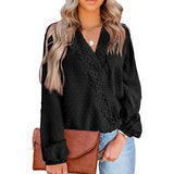Women's V Neck Chiffon Lace Pom Pom Long Sleeve Top