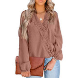 Women's V Neck Chiffon Lace Pom Pom Long Sleeve Top
