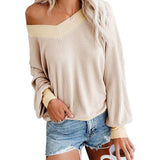 Women's V Neck Long Sleeve Waffle Knit Top Off Shoulder Oversized Pullover Sweater