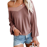 Women's V Neck Long Sleeve Waffle Knit Top Off Shoulder Oversized Pullover Sweater