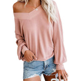 Women's V Neck Long Sleeve Waffle Knit Top Off Shoulder Oversized Pullover Sweater